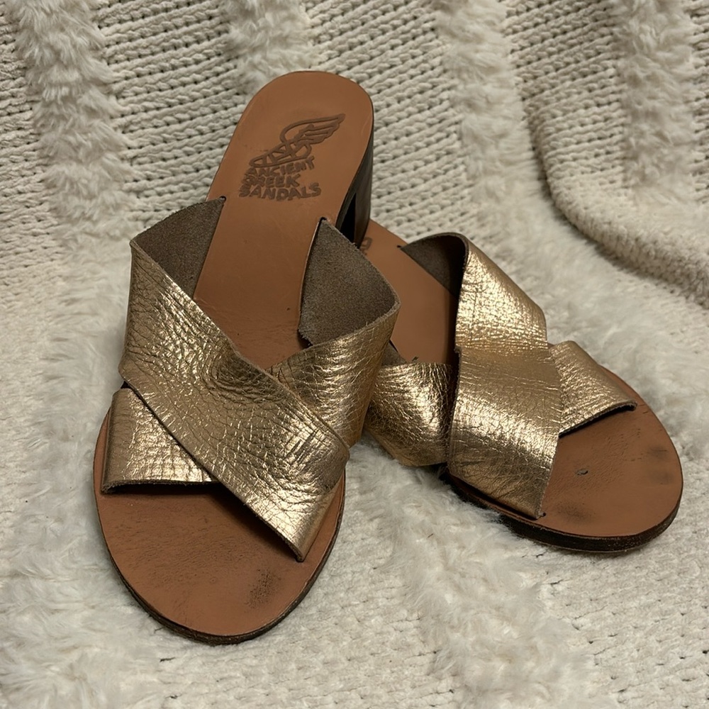 Ancient Greek Sandals Metallic Gold Cross-Strap Leather Slide Sandals